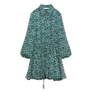Zara Green Floral Boho Cottage Sheer Belted Whimsical Chiffon Flounce‎ Dress LRG